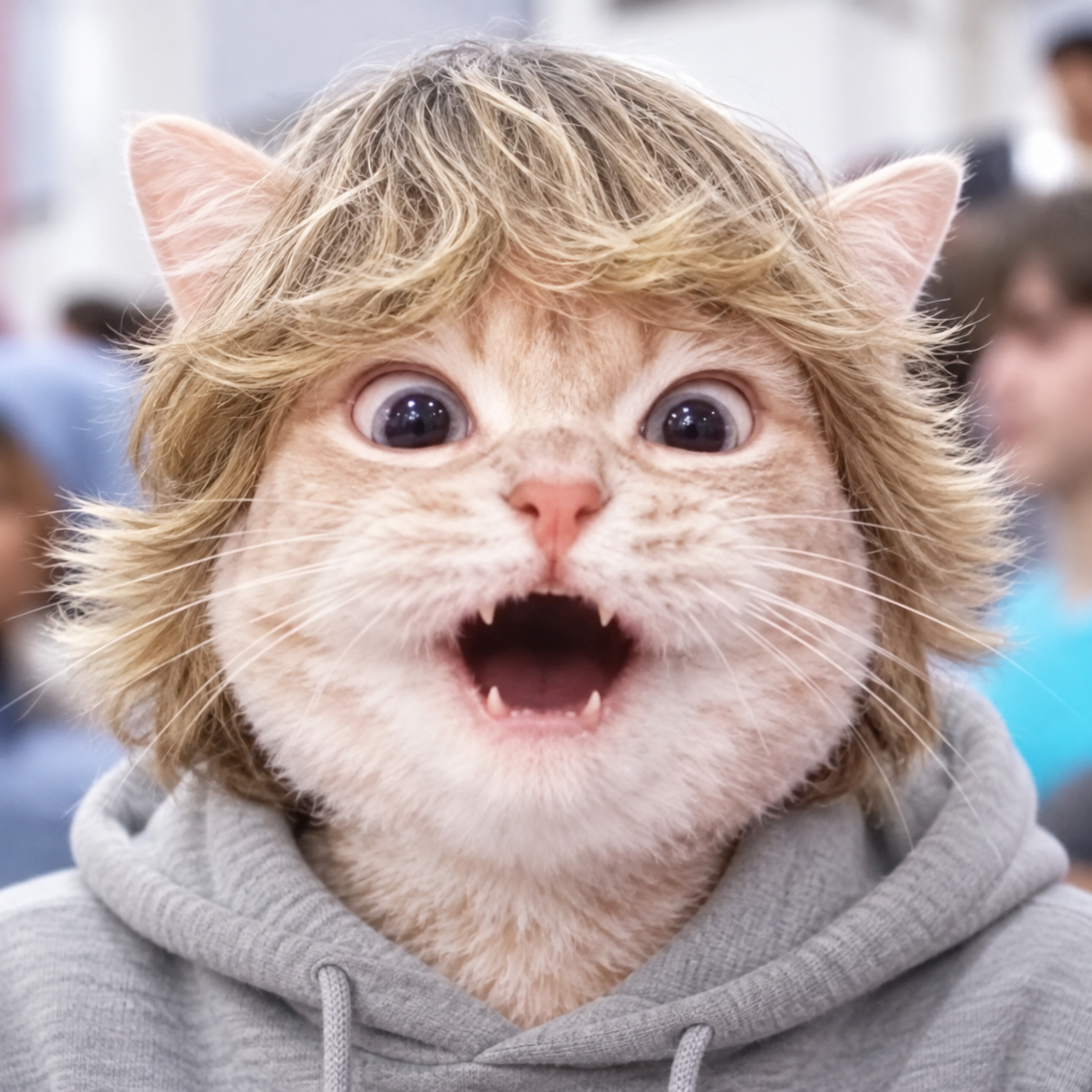 Vrax: a wide-eyed cream cat with a shaggy blond haircut and a gray hoodie